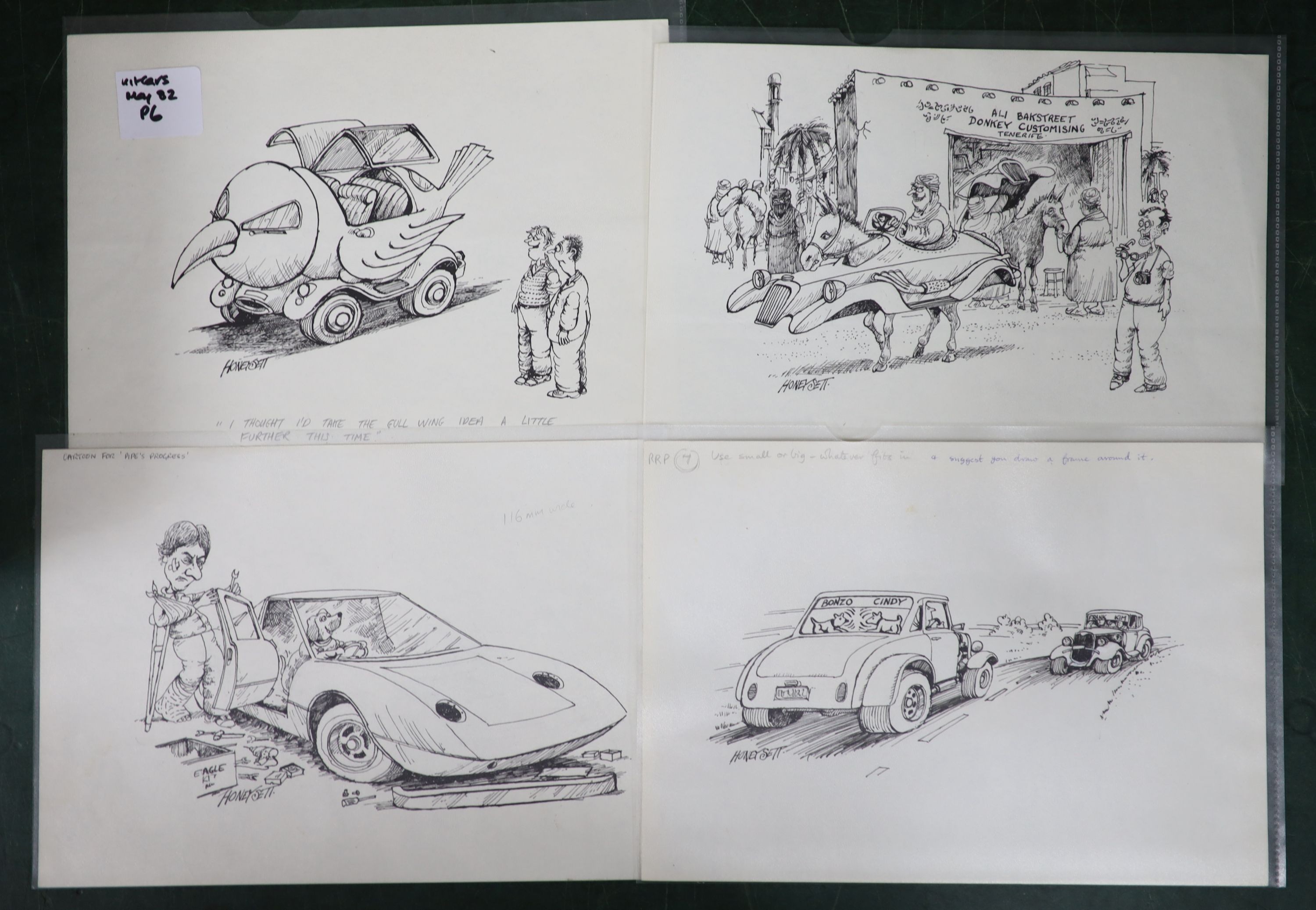 Martin Honeysett (b.1943-), four original cartoons, 'Ali Bakstreet Donkey Customising', 'Bonzo / Cindy', Gull Wing (published in Kitcars May 1982) and Eagle for 'Pipe's Progress', all signed, 20.5 x 30cm. unframed.